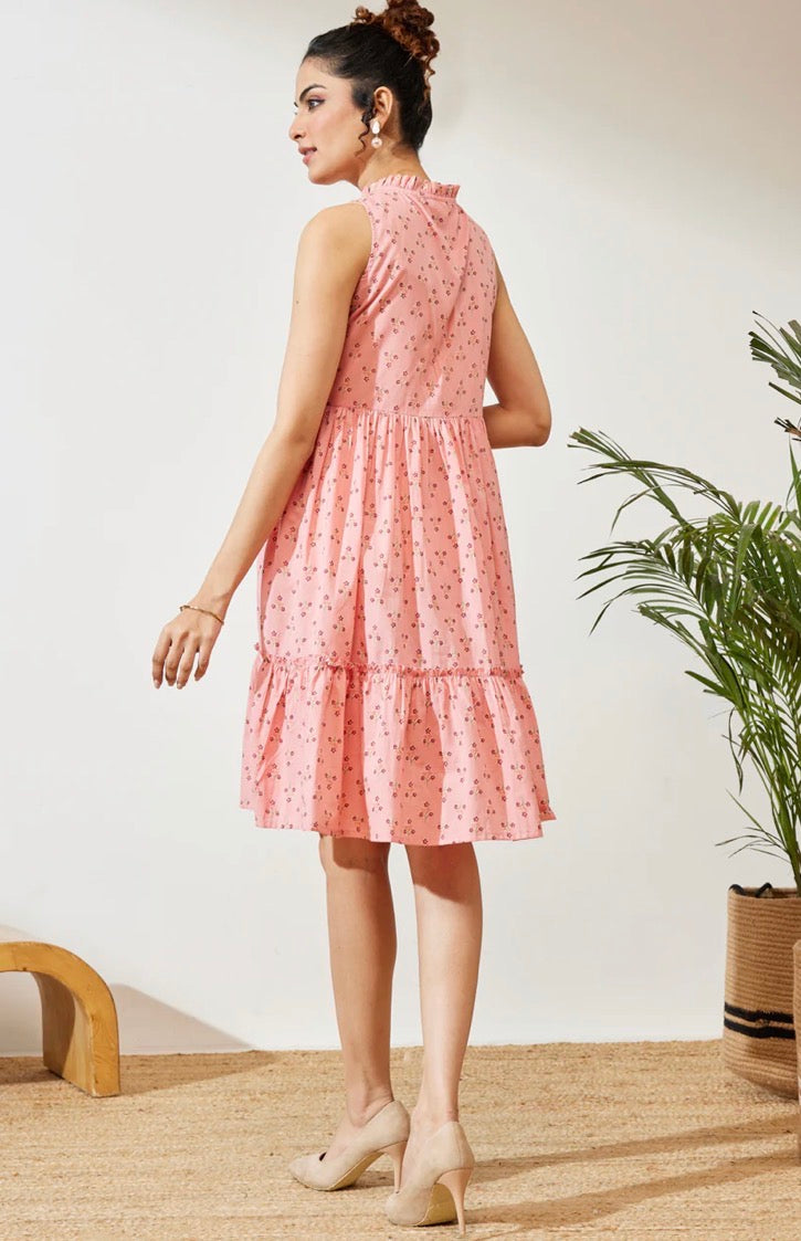 AHIRI’S Women's Peach Cotton Floral Printed Fit & Flare Dress