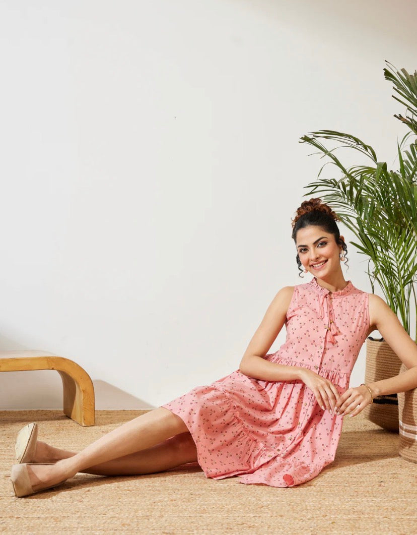 AHIRI’S Women's Peach Cotton Floral Printed Fit & Flare Dress