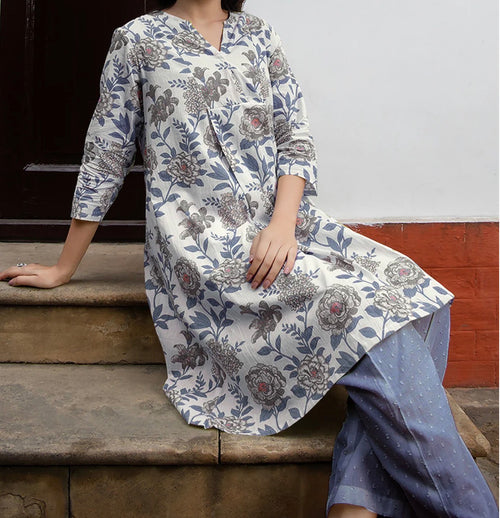 AHIRI’S White Pure Cotton Floral Printed Tunic