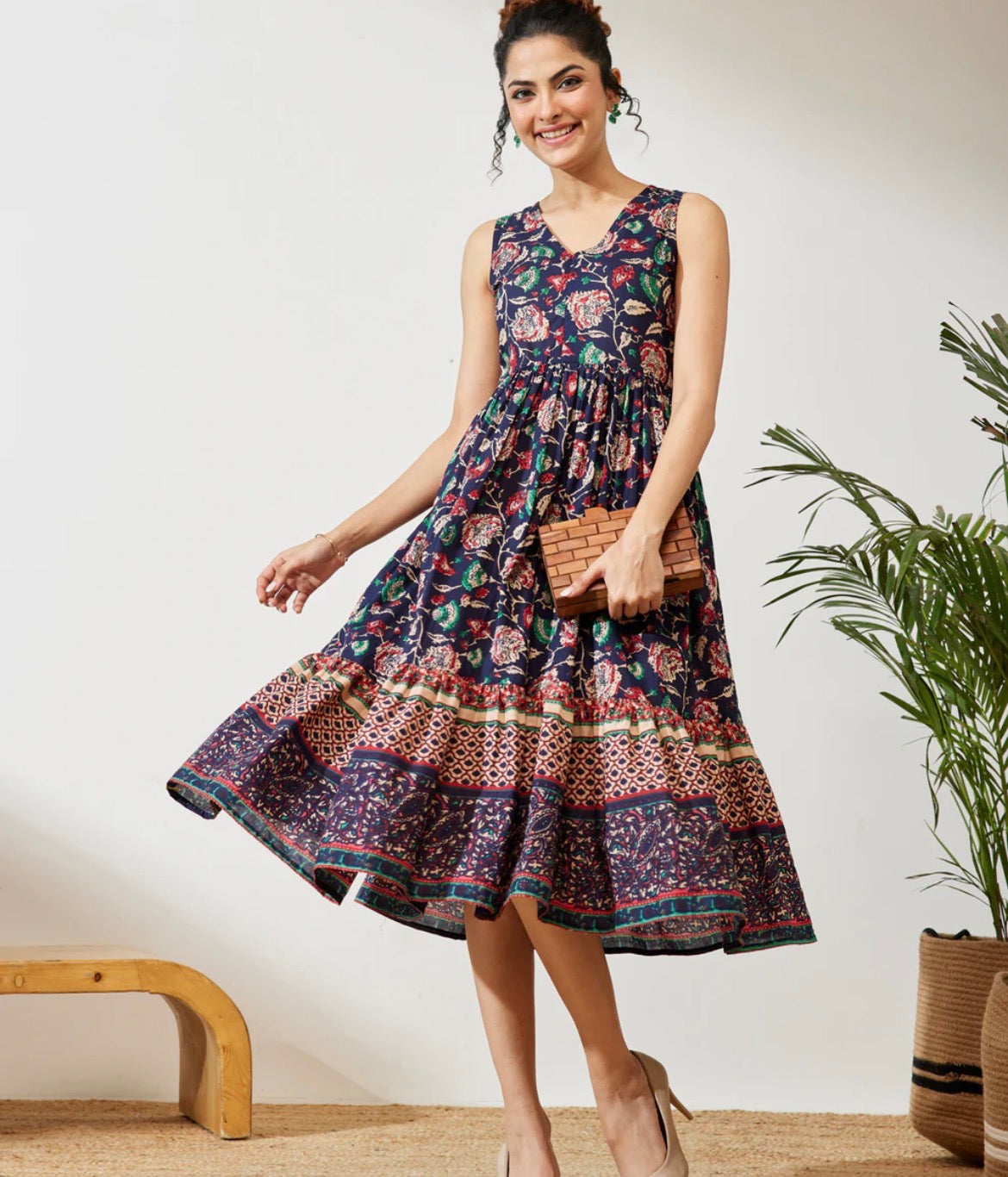 AHIRI’s Women's Navy Blue Cotton Floral Fit And Flare V Neck Dress