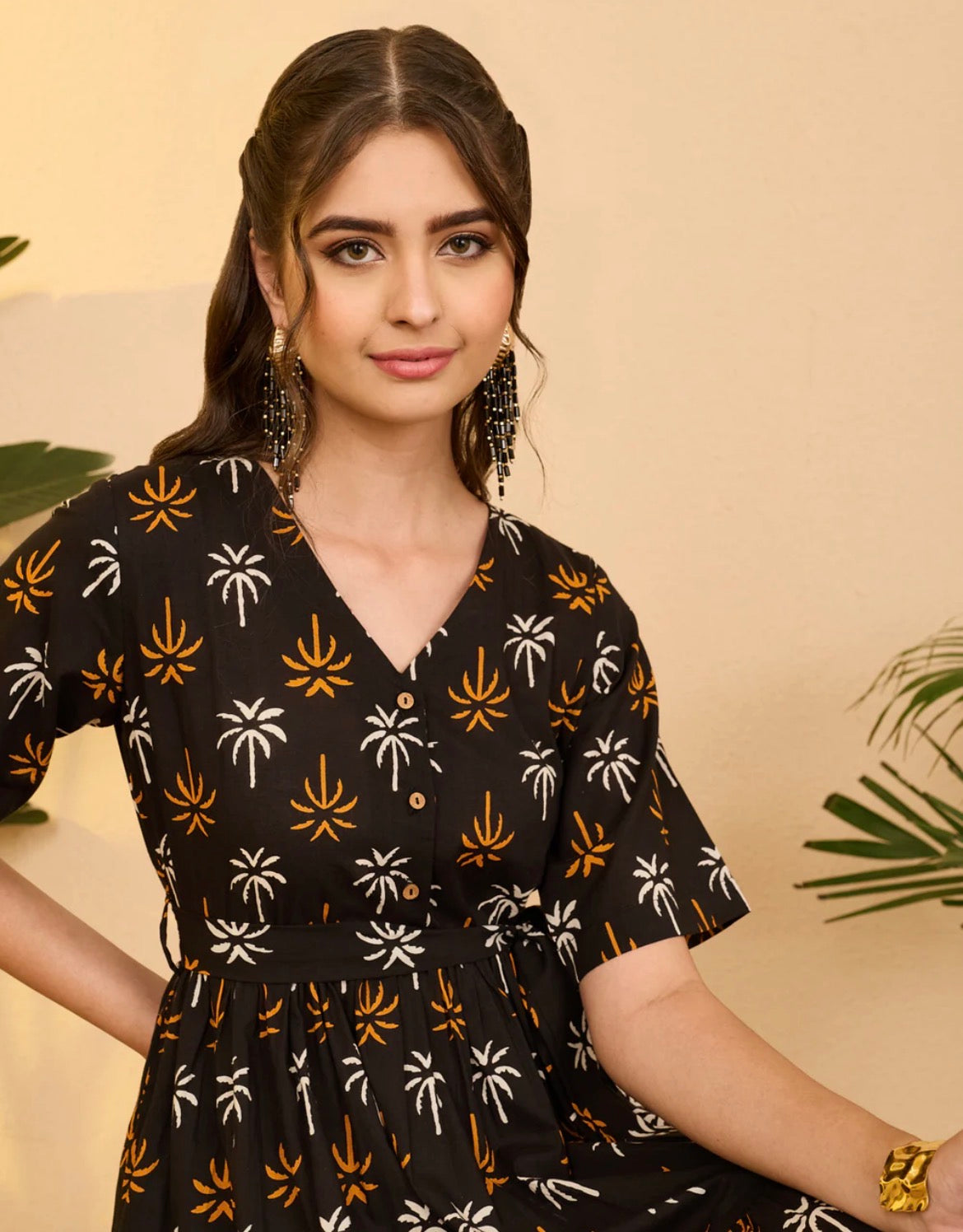 AHIRI’S Women's Black Pure Cotton Tropical Printed Fit & Flare Dress
