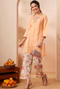 AHIRI’s Women's Peach Pure Cotton Yoke Embroidered Straight Co-Ord Set