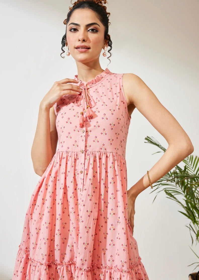 AHIRI’S Women's Peach Cotton Floral Printed Fit & Flare Dress