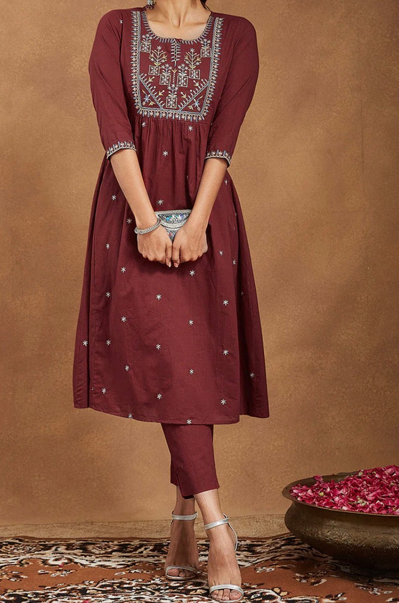AHIRI’S Women's Maroon Pure Cotton Embroidered A-line Kurta With Pant Set