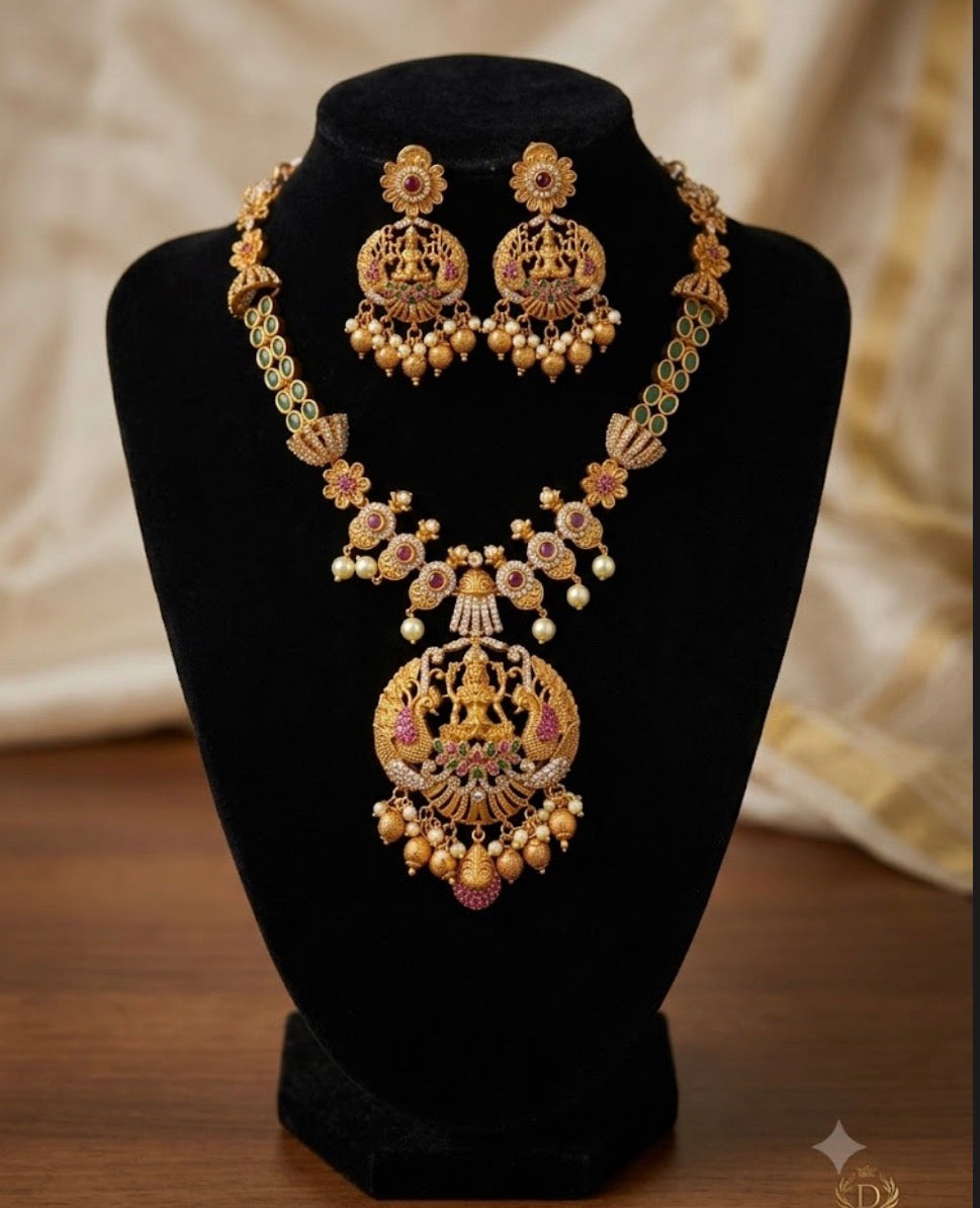Temple Lakshmi Long Haram Necklace Set with Peacock Motif & Earrings