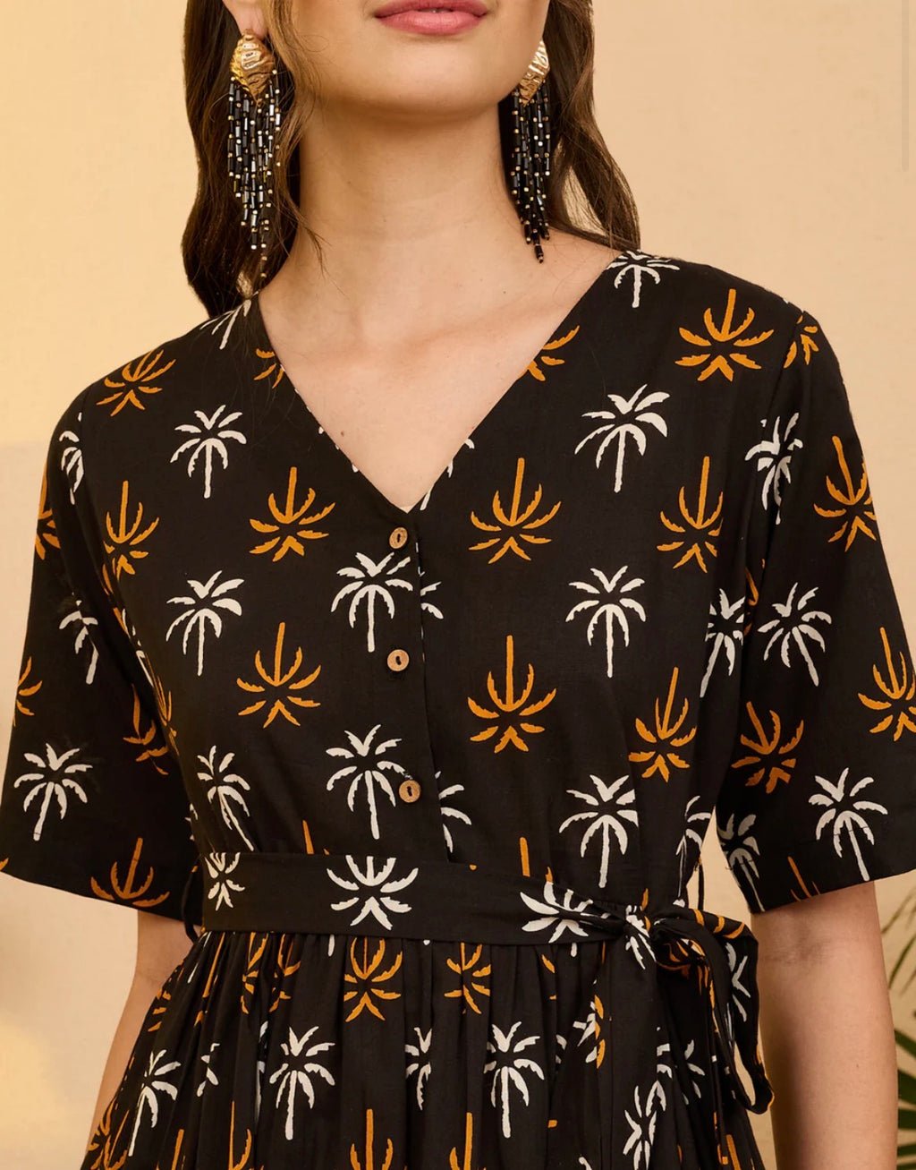 AHIRI’S Women's Black Pure Cotton Tropical Printed Fit & Flare Dress