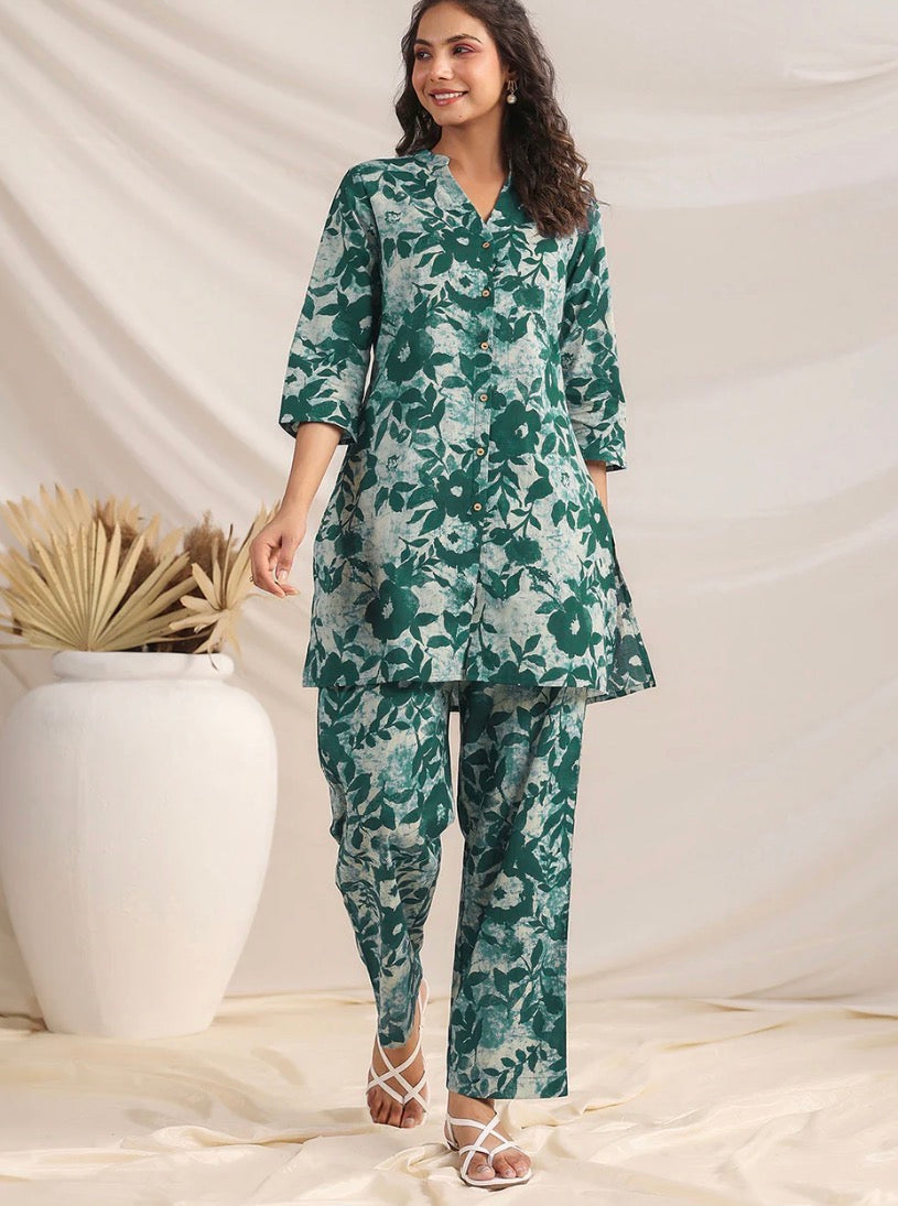 AHIRI’S Green Pure Cotton Floral Printed A-Line Co-Ord Set