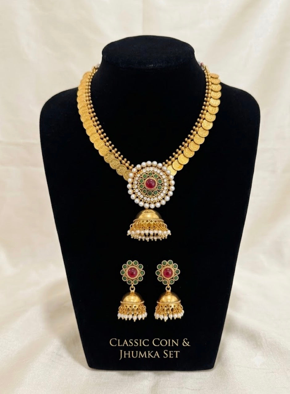 Classic Coin Jhumka Necklace Set with Matching Earrings