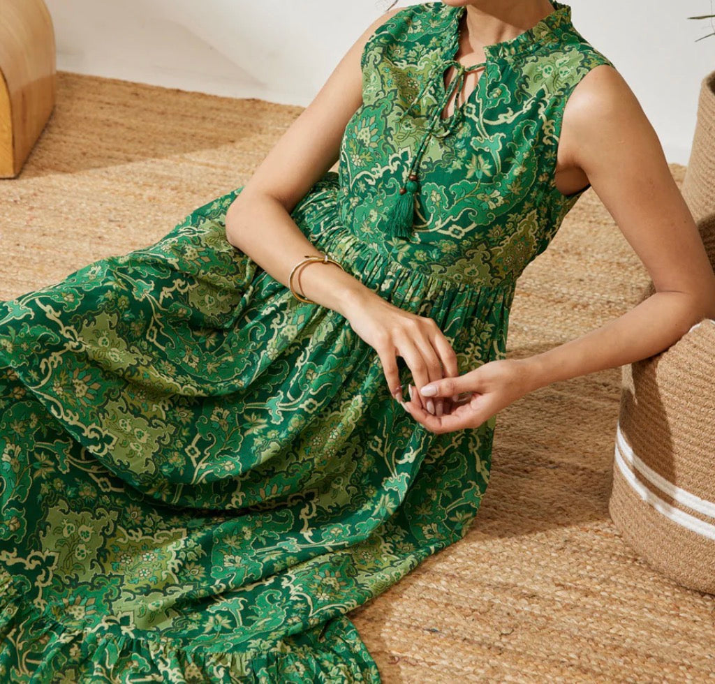 AHIRI’s Women's Green Georgette Floral Printed Fit & Flared Dress