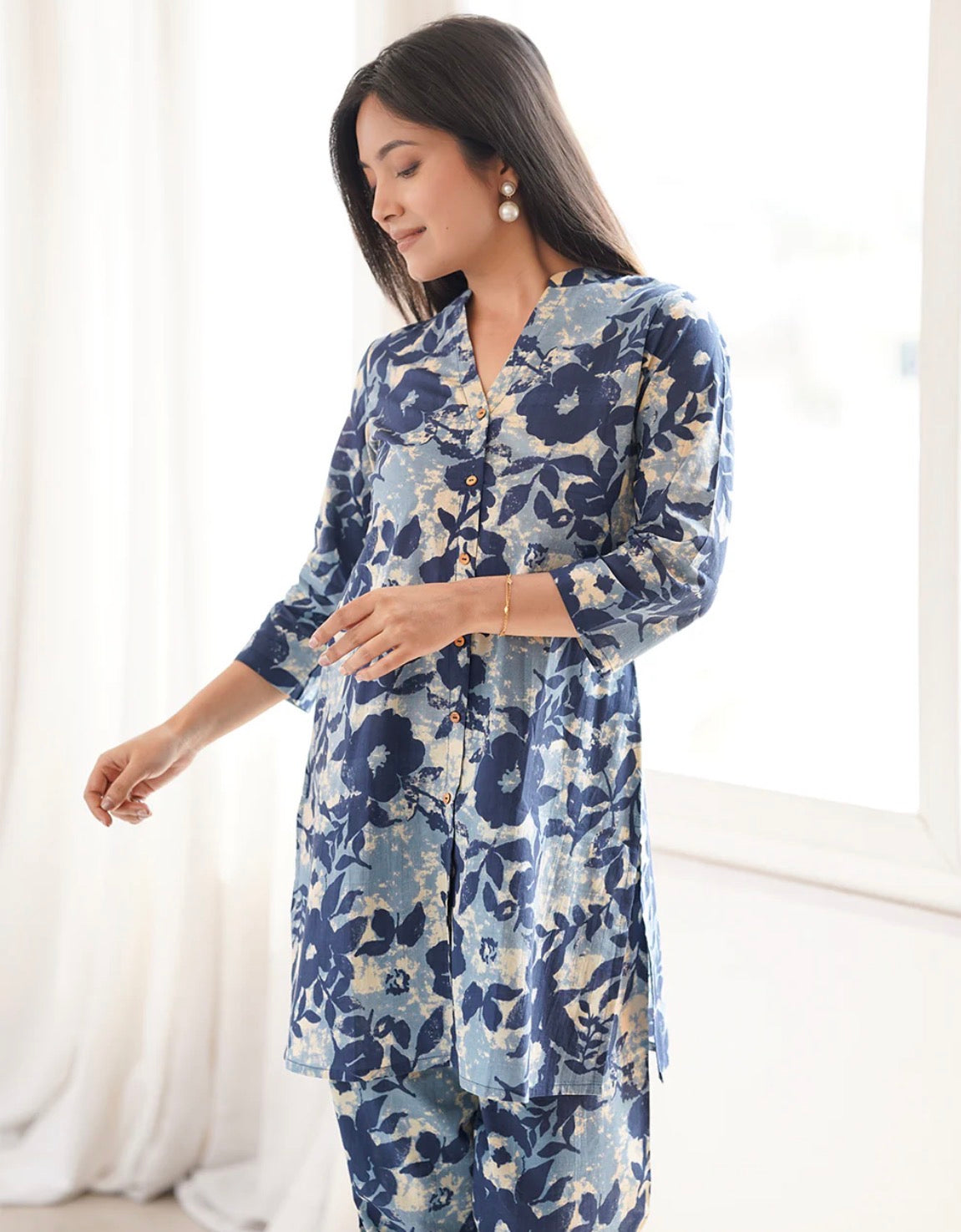 AHIRI’s Indigo Cotton Floral Regular Co-Ord Set