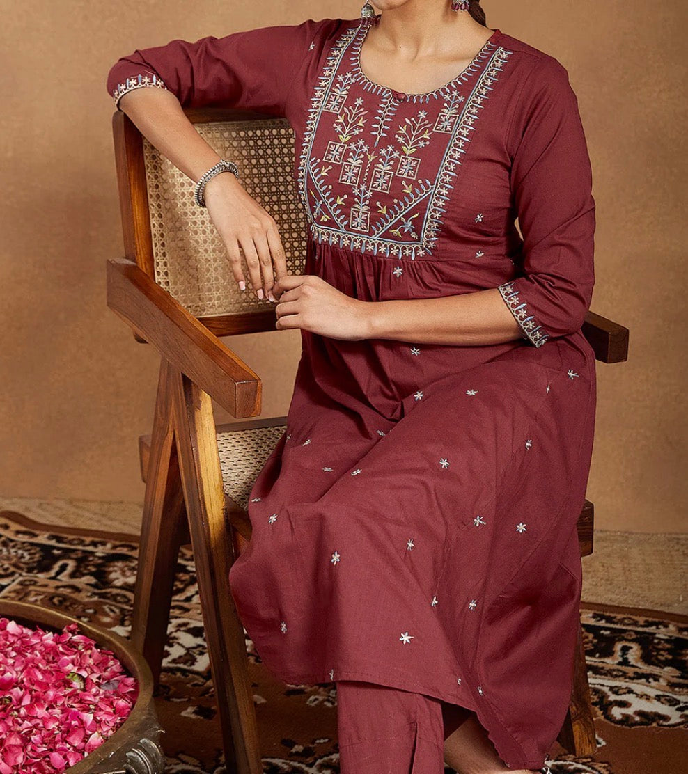 AHIRI’S Women's Maroon Pure Cotton Embroidered A-line Kurta With Pant Set