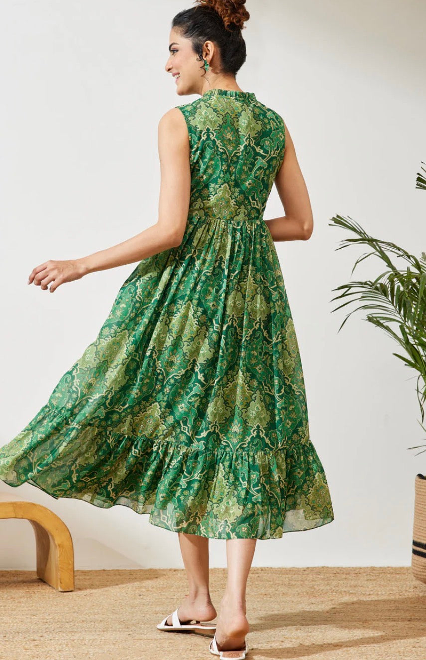 AHIRI’s Women's Green Georgette Floral Printed Fit & Flared Dress