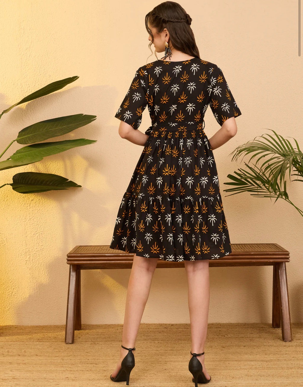 AHIRI’S Women's Black Pure Cotton Tropical Printed Fit & Flare Dress
