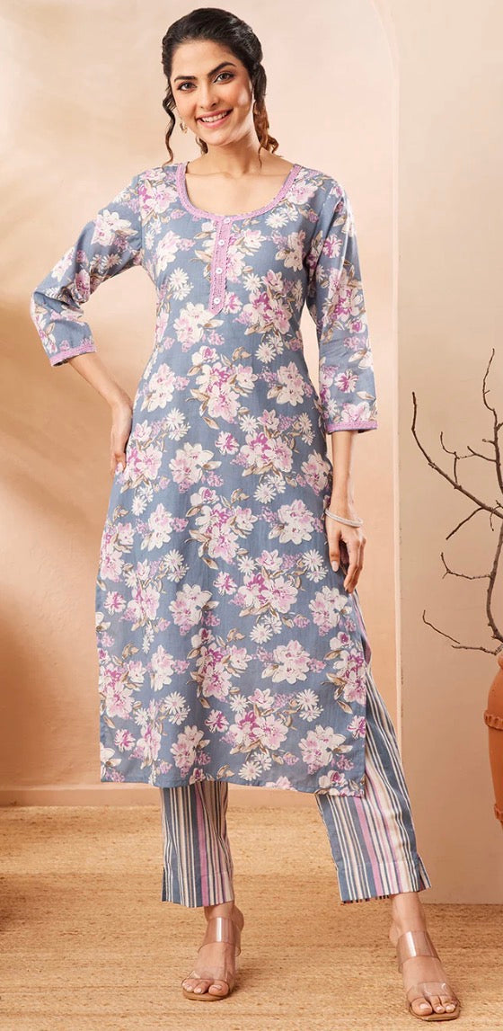 AHIRI’s Women's Grey Pure Cotton Floral Printed Straight Kurta With Pant Set
