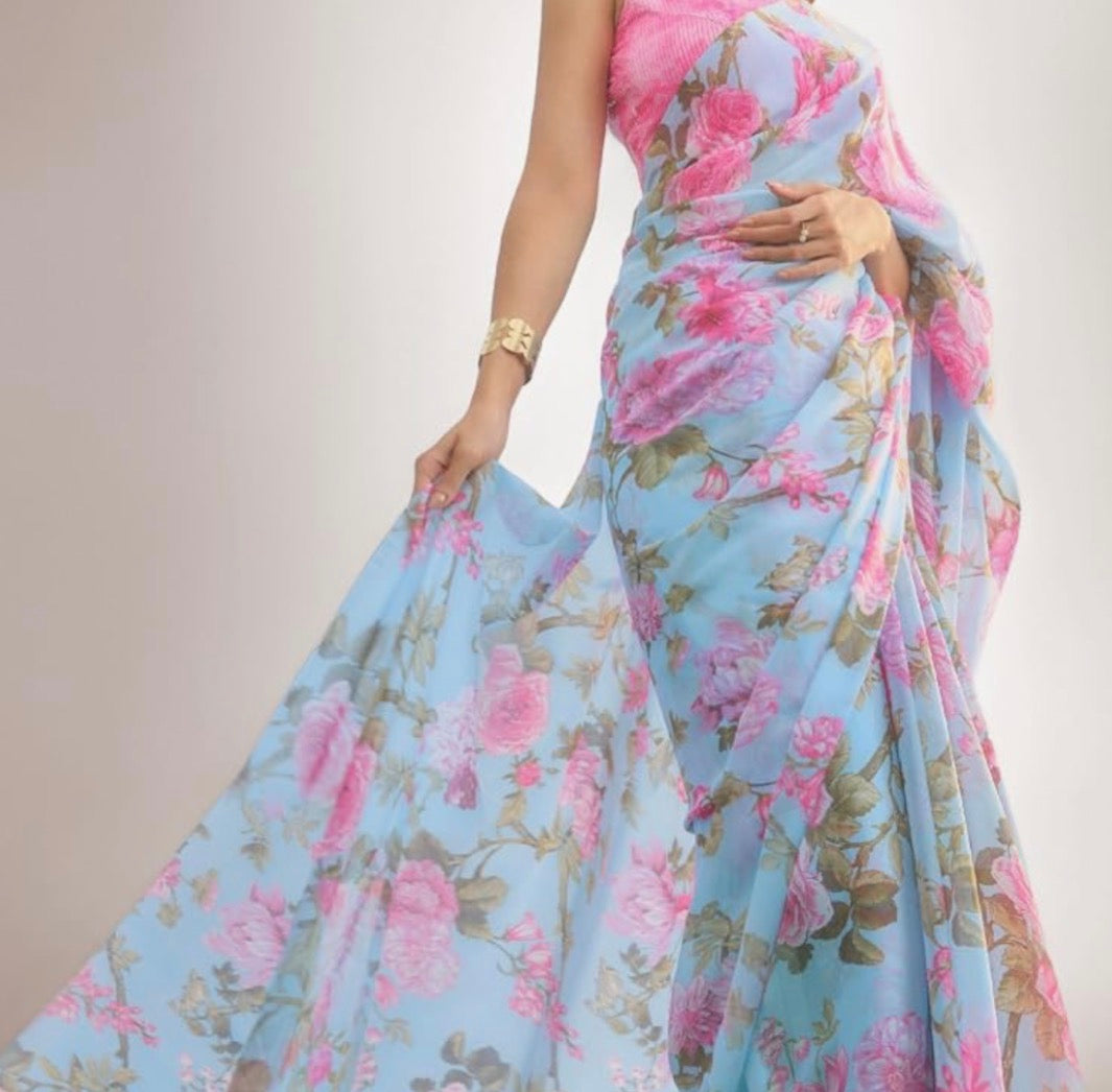 Floral Print Chiffon Saree