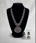 Antique Silver Oxidized Necklace and Jhumka Earring Set - Pink & Green Kemp Stones