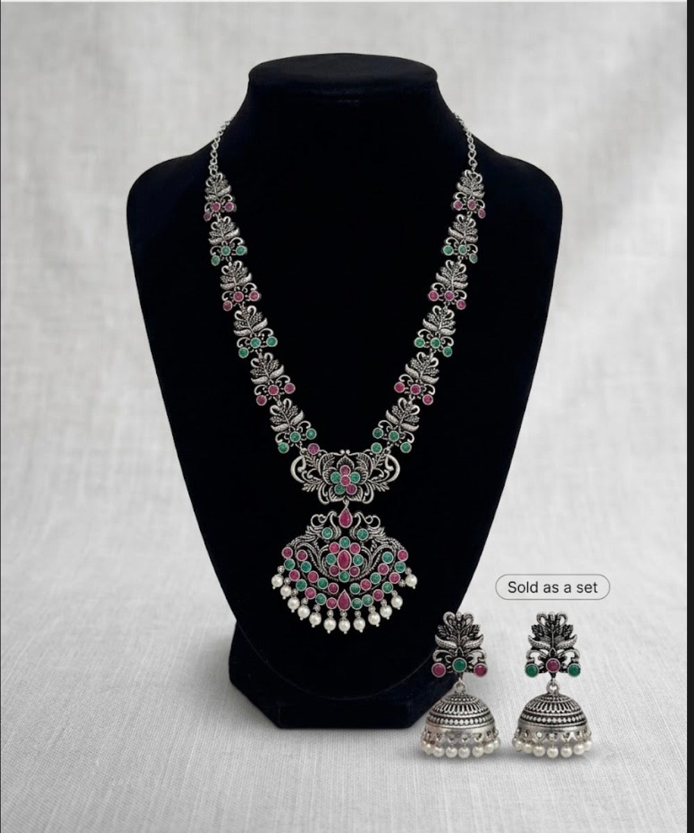 Antique Silver Oxidized Necklace and Jhumka Earring Set - Pink & Green Kemp Stones