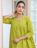 AHIRI’s Women's Lime Green Pure Cotton Schiffli A-Line Tunic