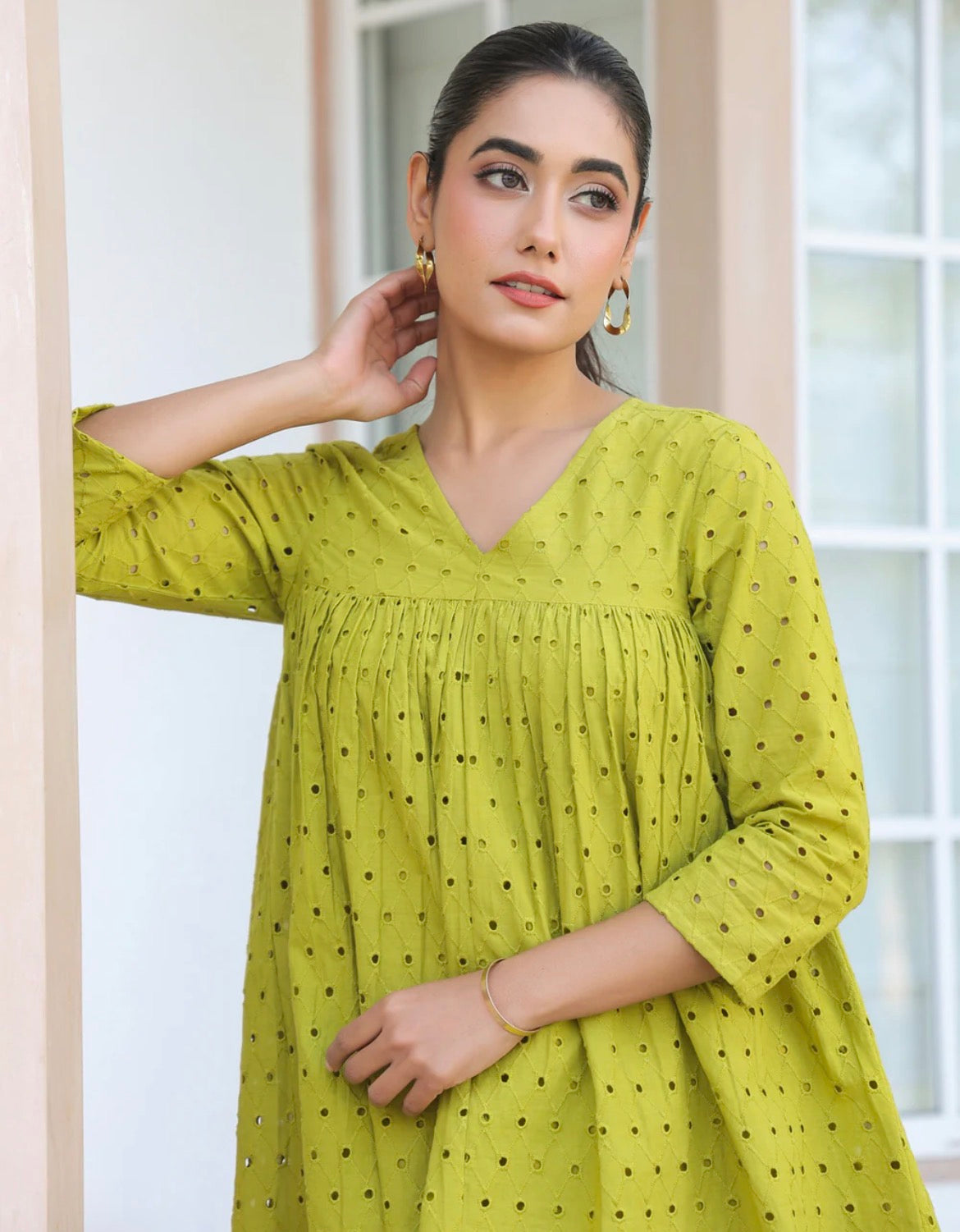 AHIRI’s Women's Lime Green Pure Cotton Schiffli A-Line Tunic