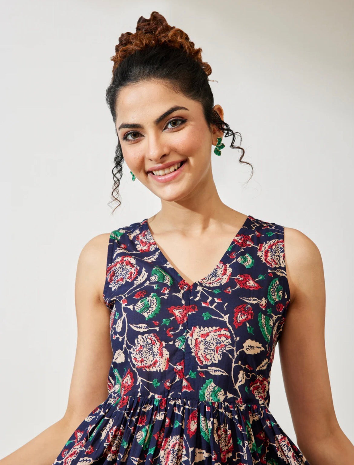 AHIRI’s Women's Navy Blue Cotton Floral Fit And Flare V Neck Dress