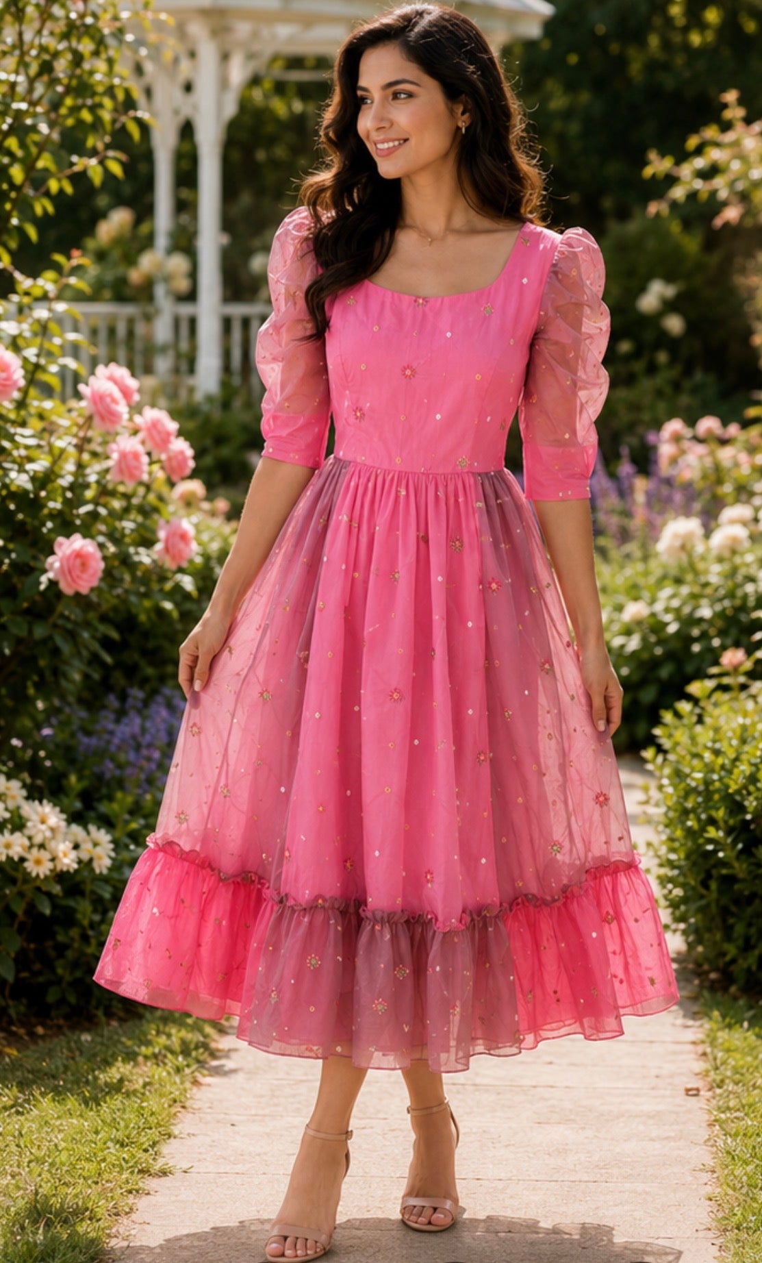 Enchanting Pink Mul Chanderi Embroidered Midi Dress(Size-M(Margin upto XL size)