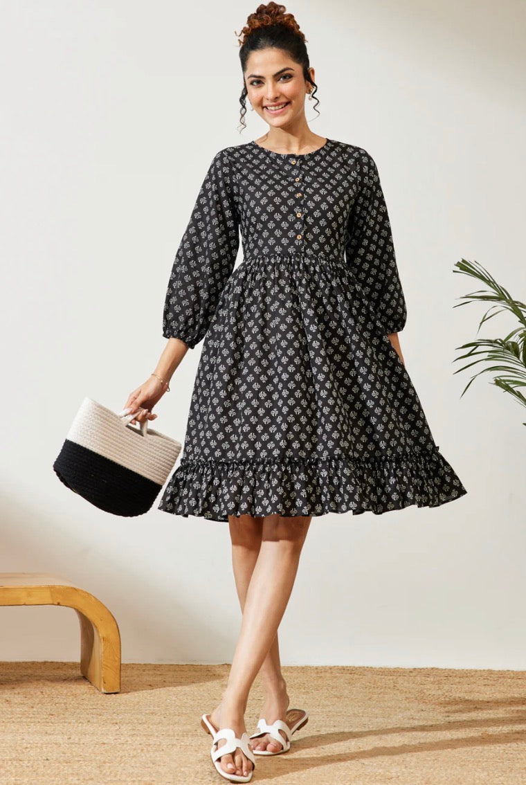 AHIRI’s Women's Black Pure Cotton Floral Printed A-Line Dress