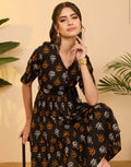 AHIRI’S Women's Black Pure Cotton Tropical Printed Fit & Flare Dress
