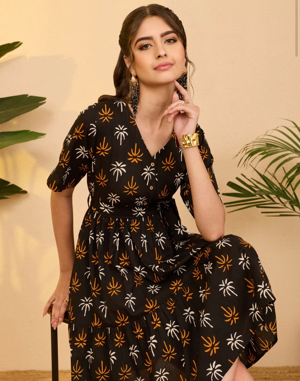 AHIRI’S Women's Black Pure Cotton Tropical Printed Fit & Flare Dress