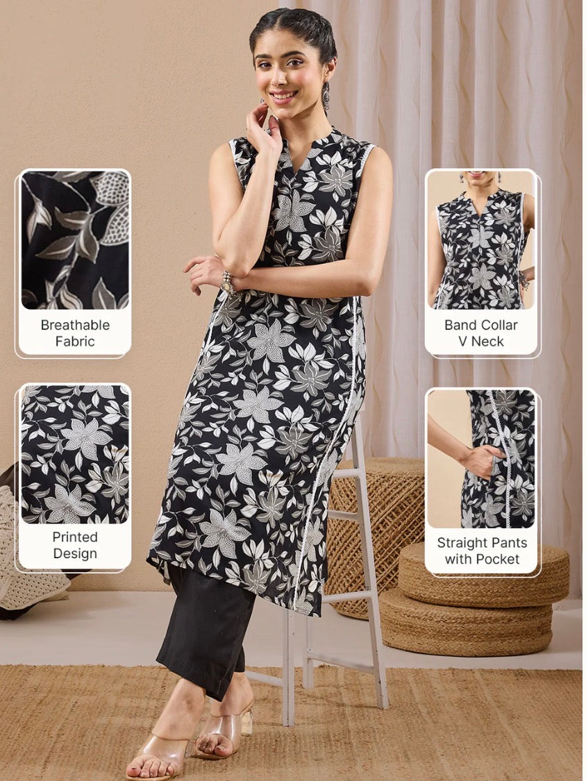 AHIRI’s Women's Black Pure Cotton Floral Printed A-Line Kurta Pant Set