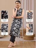 AHIRI’s Women's Black Pure Cotton Floral Printed A-Line Kurta Pant Set