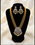 3-Layer Yellow Beaded Necklace Set with Emerald Green victorian Statement Pendant