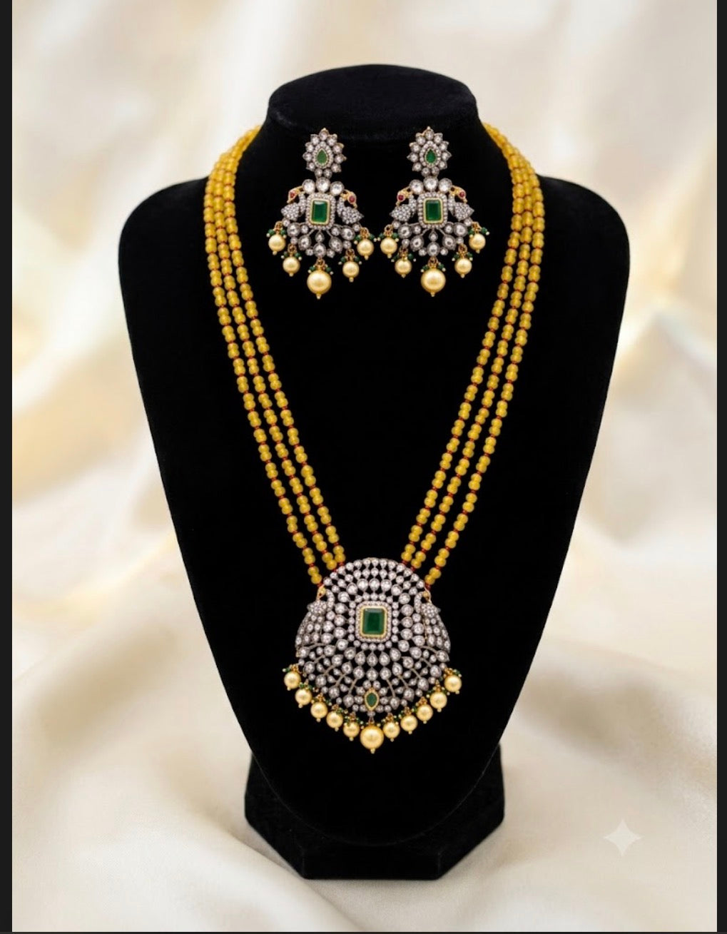 3-Layer Yellow Beaded Necklace Set with Emerald Green victorian Statement Pendant