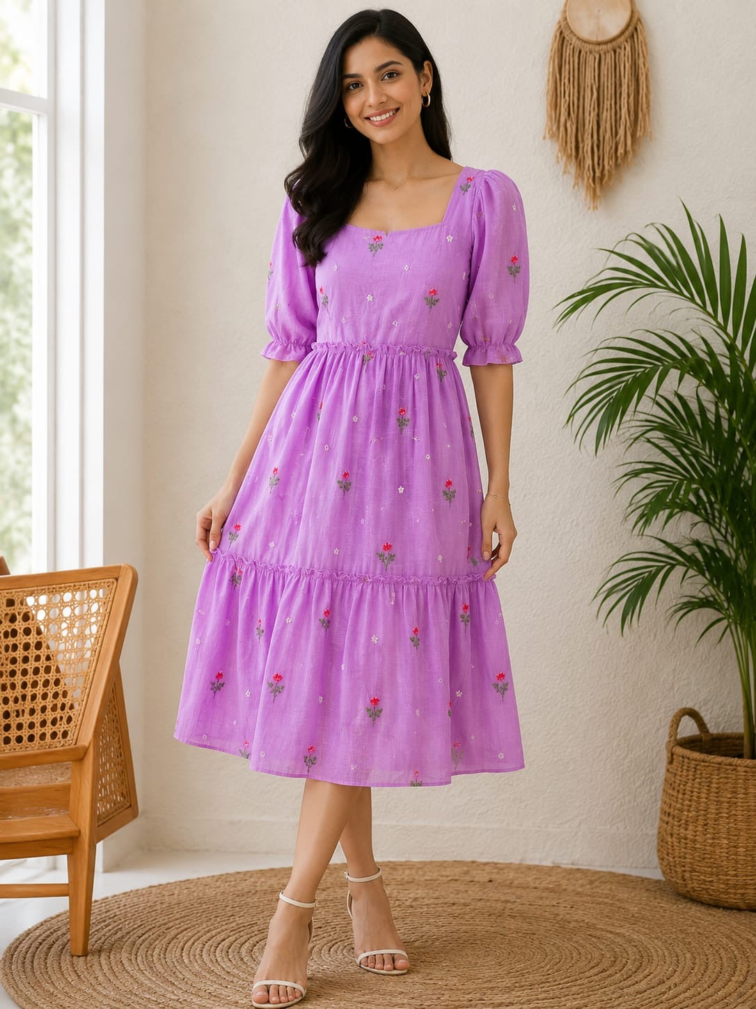 Kota checks Purple embroidered dress(Size-M(Margin upto XL size)