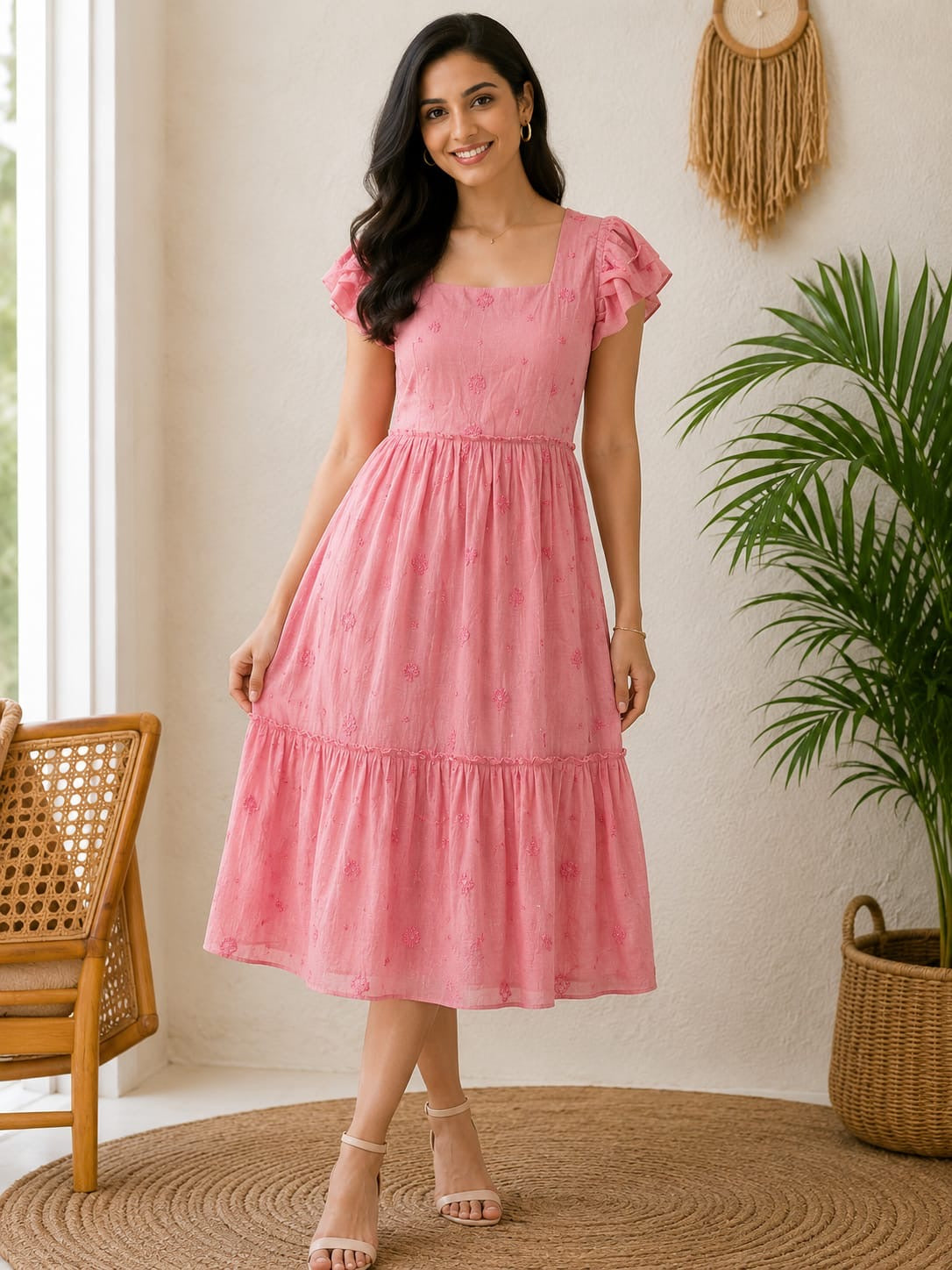 Pink embroidered mul chanderi dress(Size-M(Margin upto XL size)