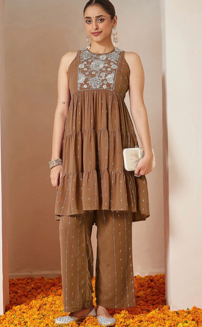 AHIRI’s Women's Brown Georgette Embellished Tiered Kurta With Palazzo Set