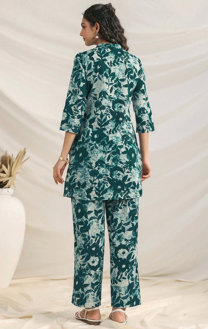 AHIRI’S Green Pure Cotton Floral Printed A-Line Co-Ord Set