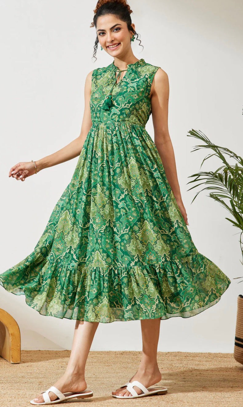 AHIRI’s Women's Green Georgette Floral Printed Fit & Flared Dress