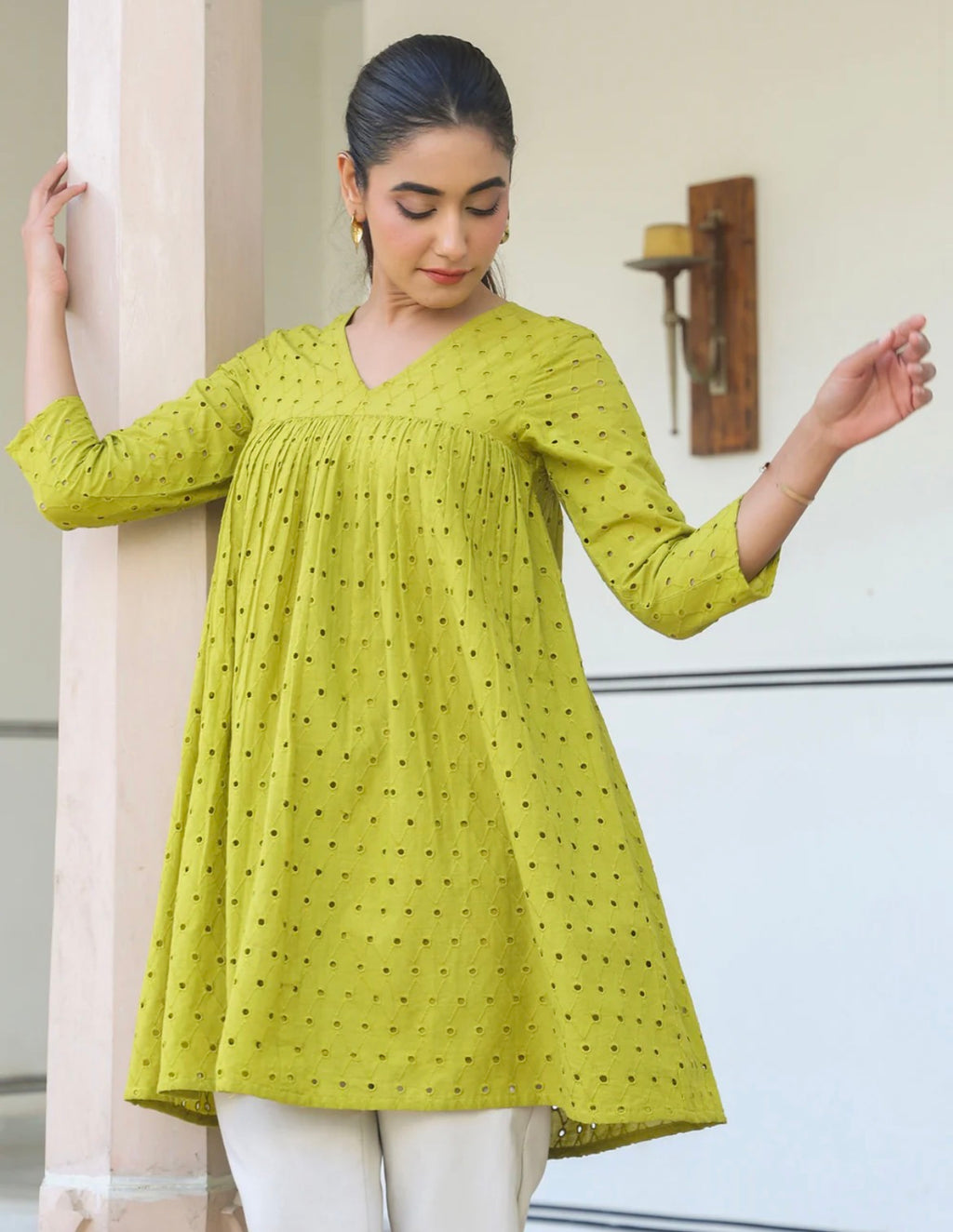 AHIRI’s Women's Lime Green Pure Cotton Schiffli A-Line Tunic