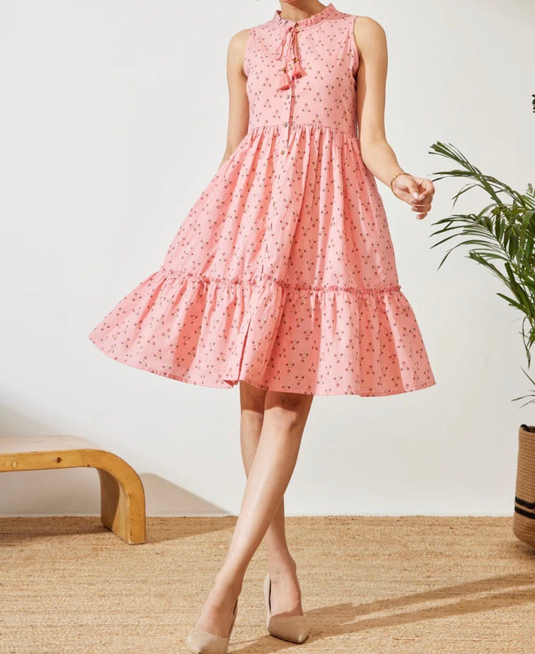 AHIRI’S Women's Peach Cotton Floral Printed Fit & Flare Dress