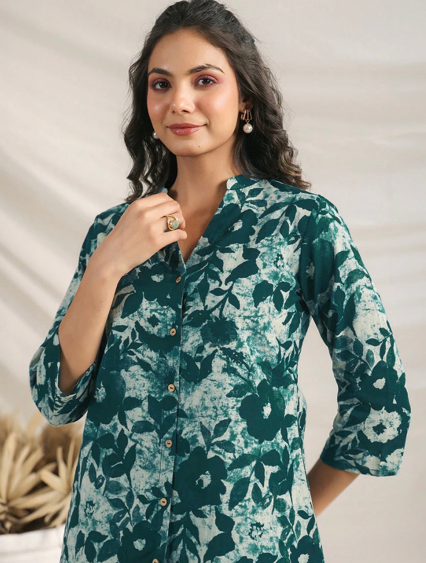 AHIRI’S Green Pure Cotton Floral Printed A-Line Co-Ord Set