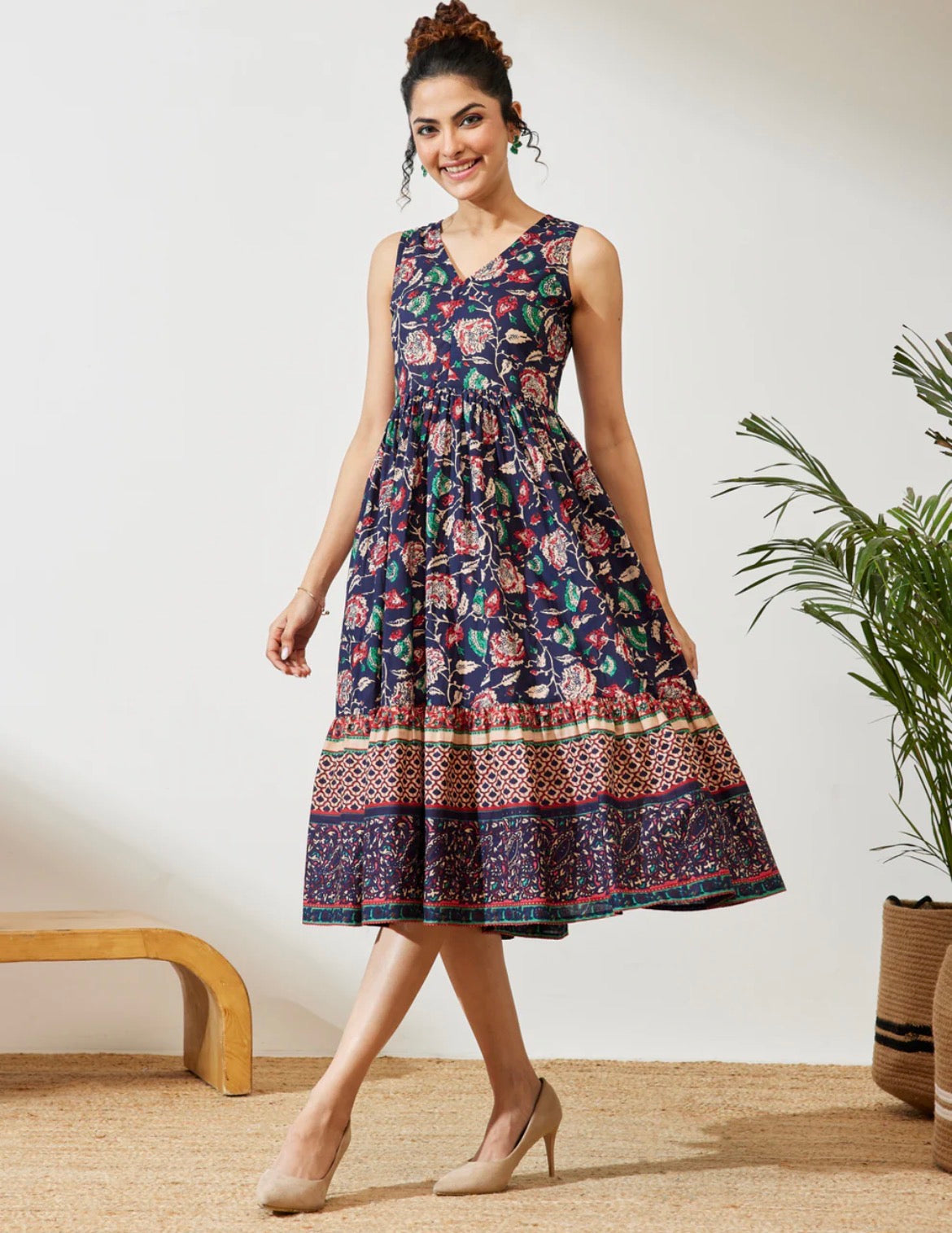 AHIRI’s Women's Navy Blue Cotton Floral Fit And Flare V Neck Dress
