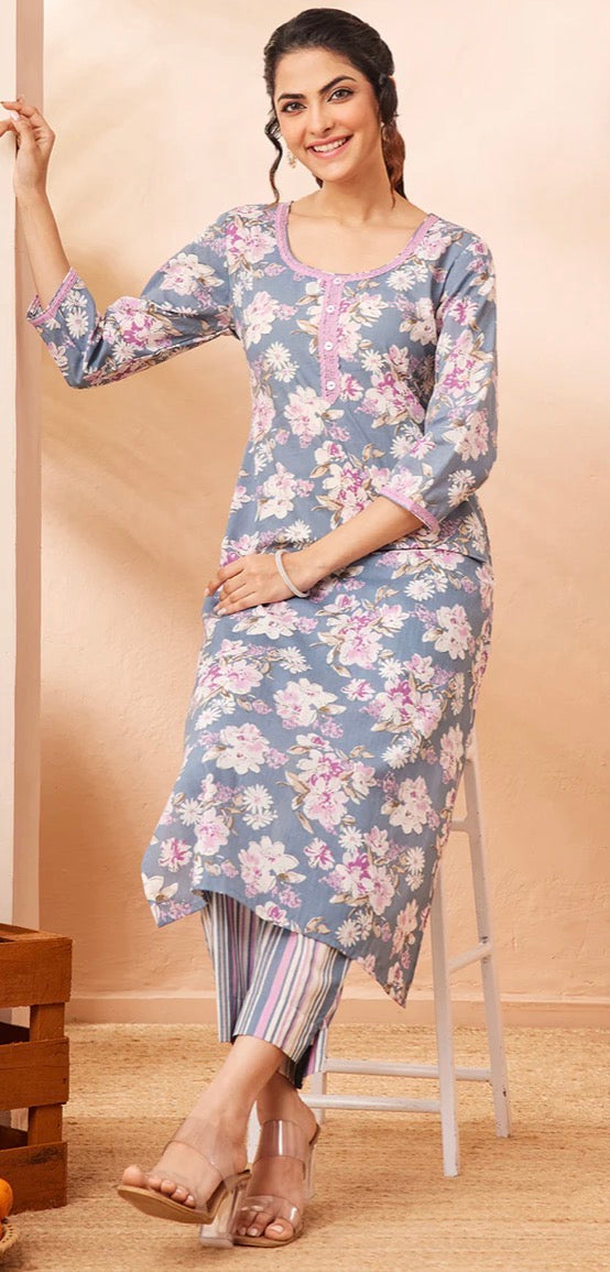 AHIRI’s Women's Grey Pure Cotton Floral Printed Straight Kurta With Pant Set