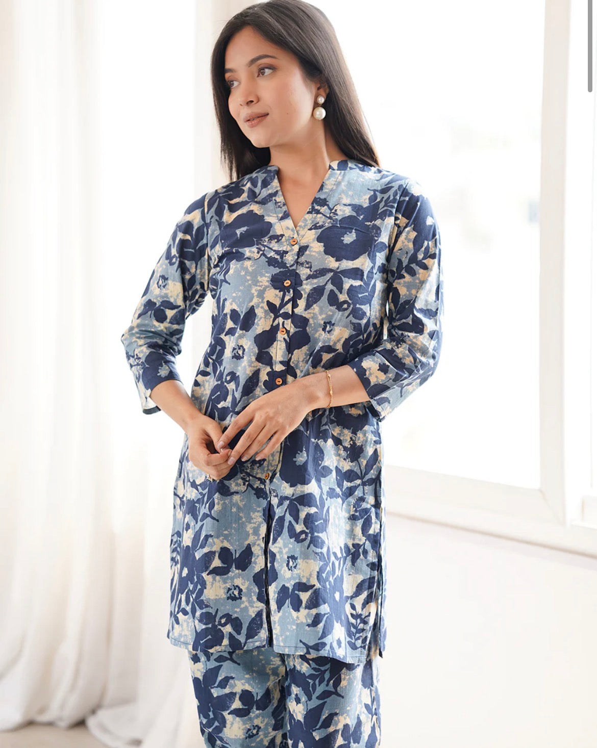 AHIRI’s Indigo Cotton Floral Regular Co-Ord Set
