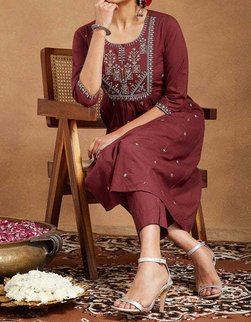 AHIRI’S Women's Maroon Pure Cotton Embroidered A-line Kurta With Pant Set