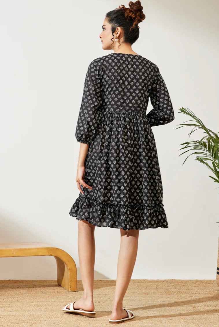 AHIRI’s Women's Black Pure Cotton Floral Printed A-Line Dress
