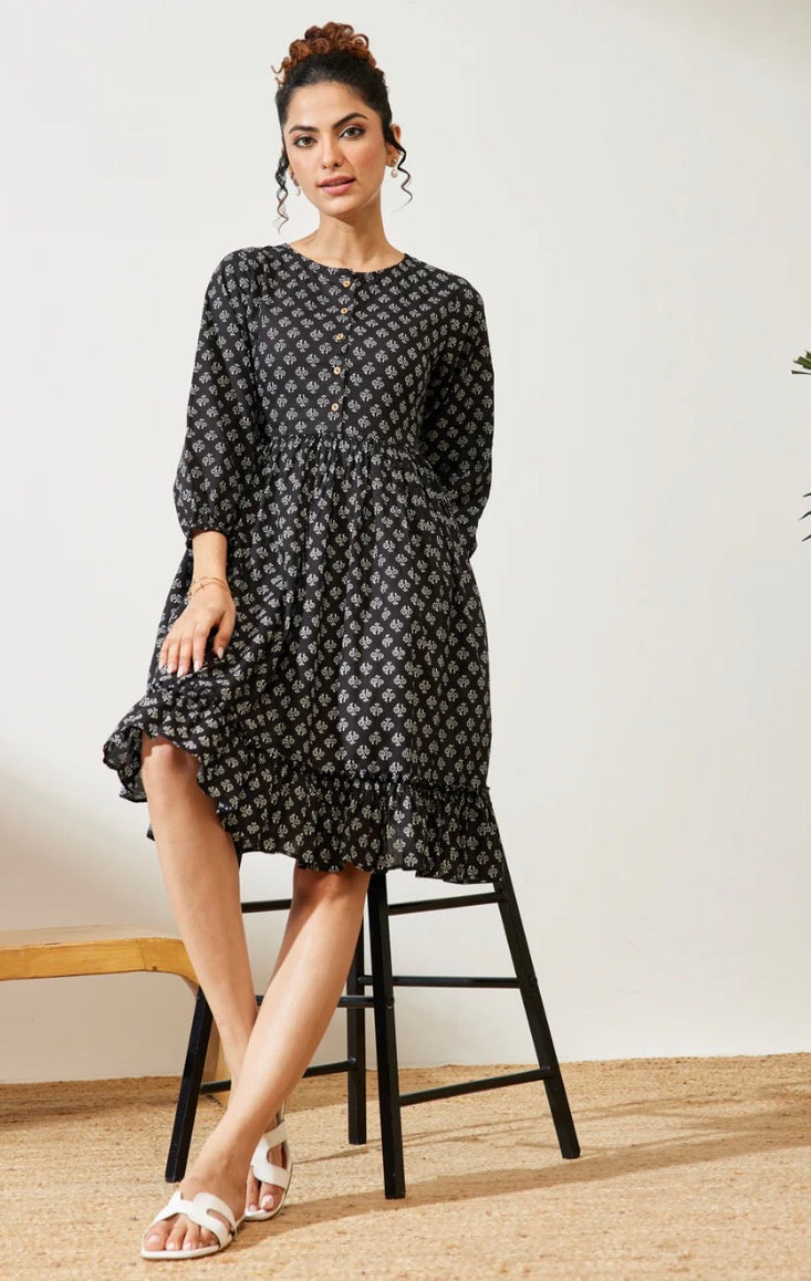 AHIRI’s Women's Black Pure Cotton Floral Printed A-Line Dress
