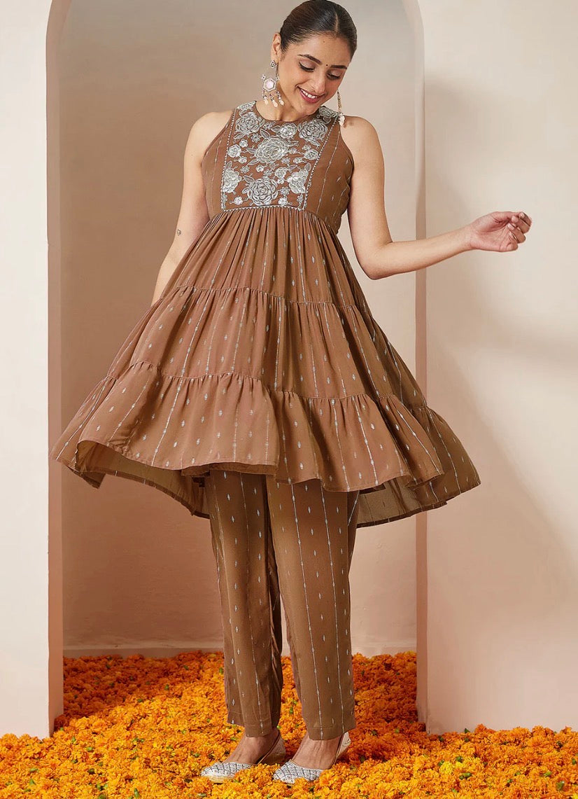 AHIRI’s Women's Brown Georgette Embellished Tiered Kurta With Palazzo Set