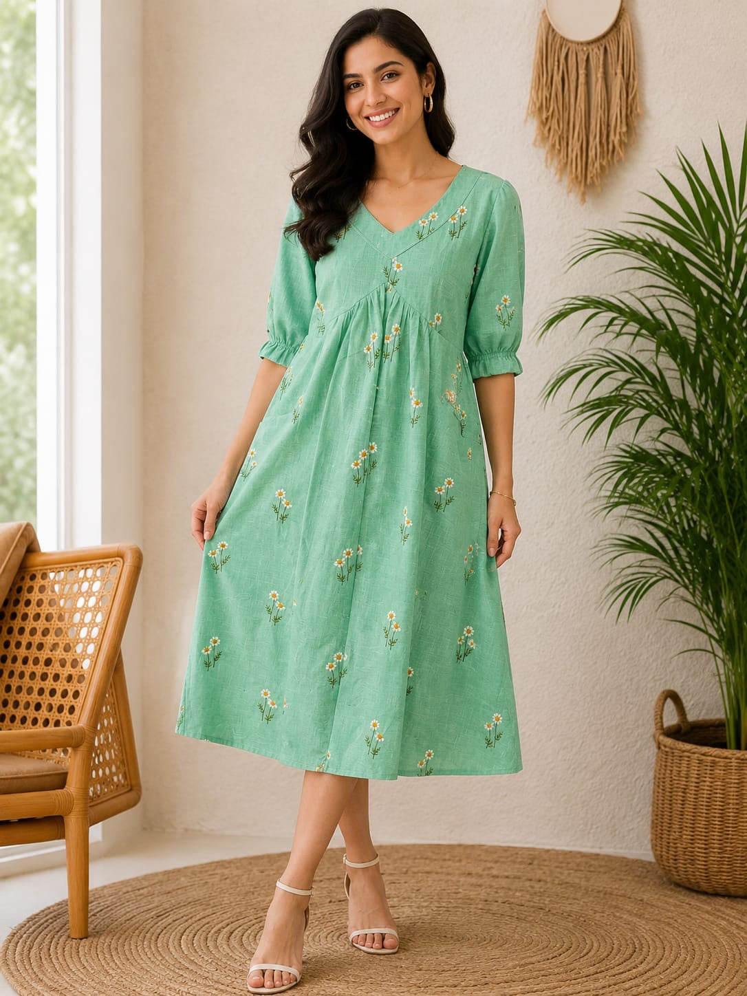 Green Cotton embroidered A line Dress(Size-M(Margin Upto XL size)