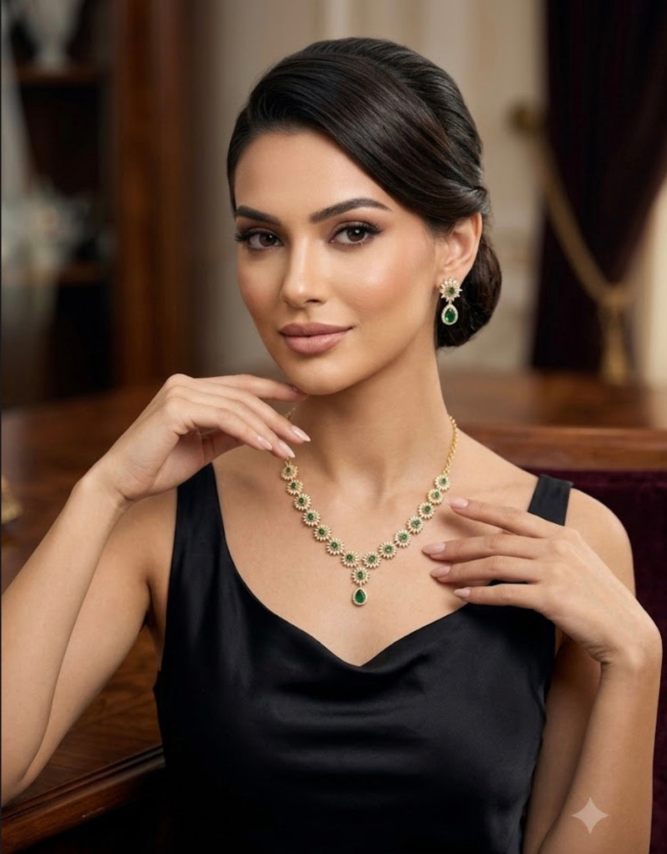 Emerald Floral Halo Necklace and Earring Set