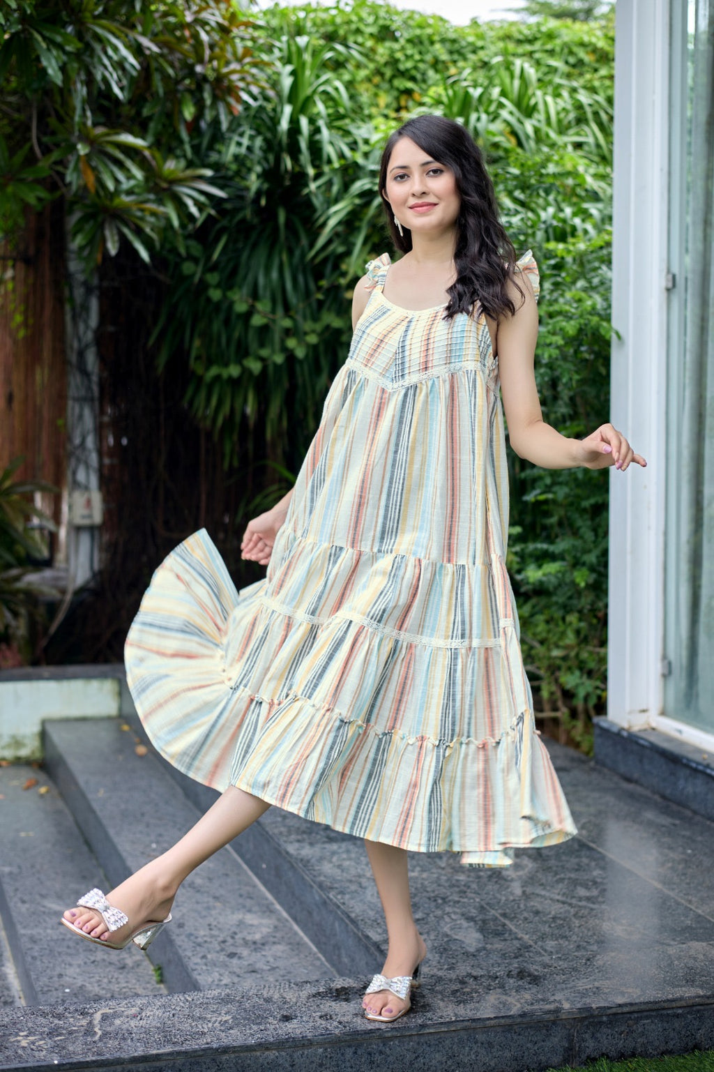 Multi-Striped Tiered Maxi Dress 